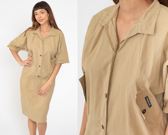 Robe cargo safari des annees 80 robe kaki d inspiration militaire robe chemise boutonnee robe chemise mi longue des annees 80 armee 3 4 raglan vintage retro beige moyen Etsy France