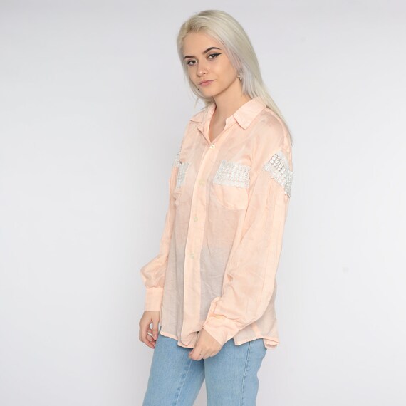 90s Sheer Shirt Peach Pink Crochet Lace Top Paste… - image 5