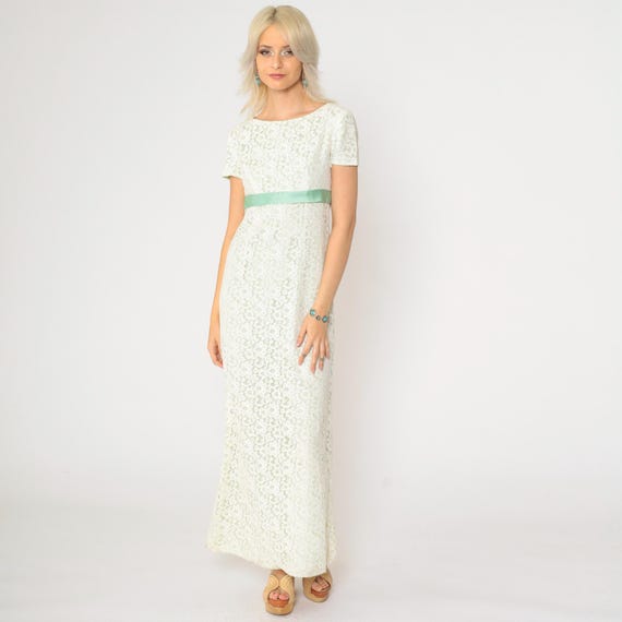 60s White Lace Dress Maxi Party Empire Waist Green Ribbon Sheath Prom 1960s Cocktail Short Sleeve Vintage Formal Evening Extra Small XS