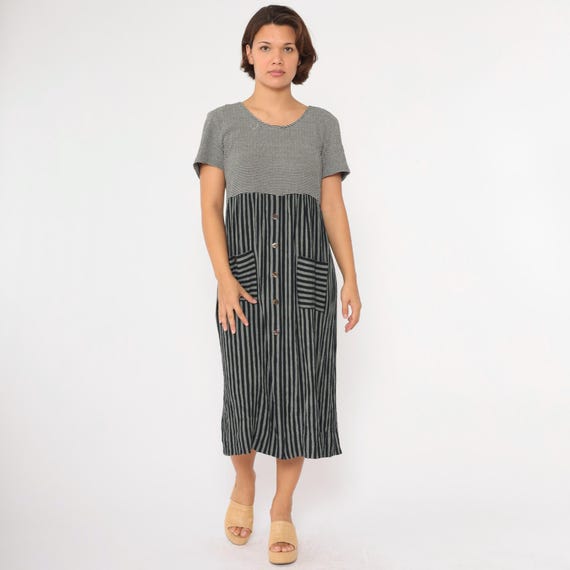 Vintage Black White Striped Dress 90s Button Up Skirt Midi High Waist Short Sleeve Preppy Shift Dress 1990s Scoop Neck Pocket Large 12