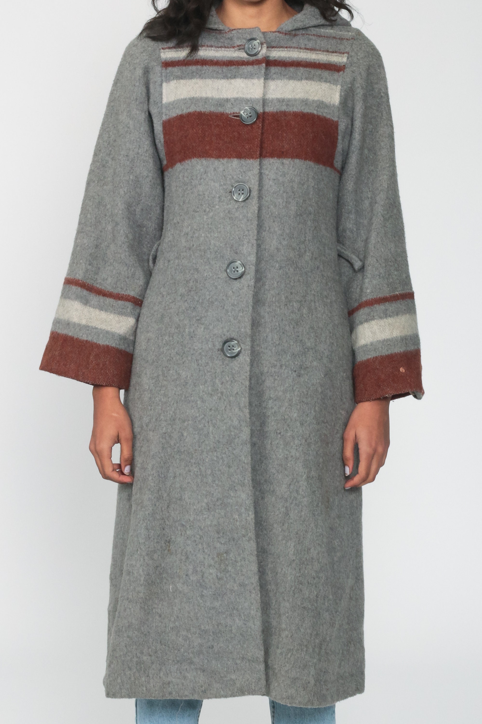 Grey Wool Coat 70s HOODED Jacket Boho Coat Striped Hood Coat Vintage