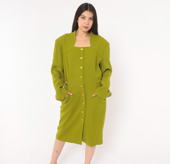 80s Chartreuse Wool Coat Dress Gold Button Front Square Neckline Olive Green Shoulder Long Sleeve Pocket Power Dressing Vintage Large L