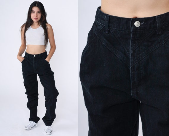 90s Rocky Mountain Jeans Black Denim Western Rodeo High Waisted Rockies Jeans Pants Tapered Straight Leg 1990s Vintage Small 26 Tall Long