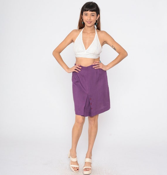Purple Pencil Skirt 80s Mini Skirt High Waisted Preppy Pleated Button Front Plain Simple High Waist Retro Secretary Vintage 1980s Medium 8