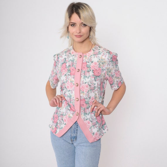 80s Floral Blouse Puff Sleeve Top Baby Pink Rose Print Button Up Shirt Retro Flower Print White Structed Blouse Vintage 1980s Medium