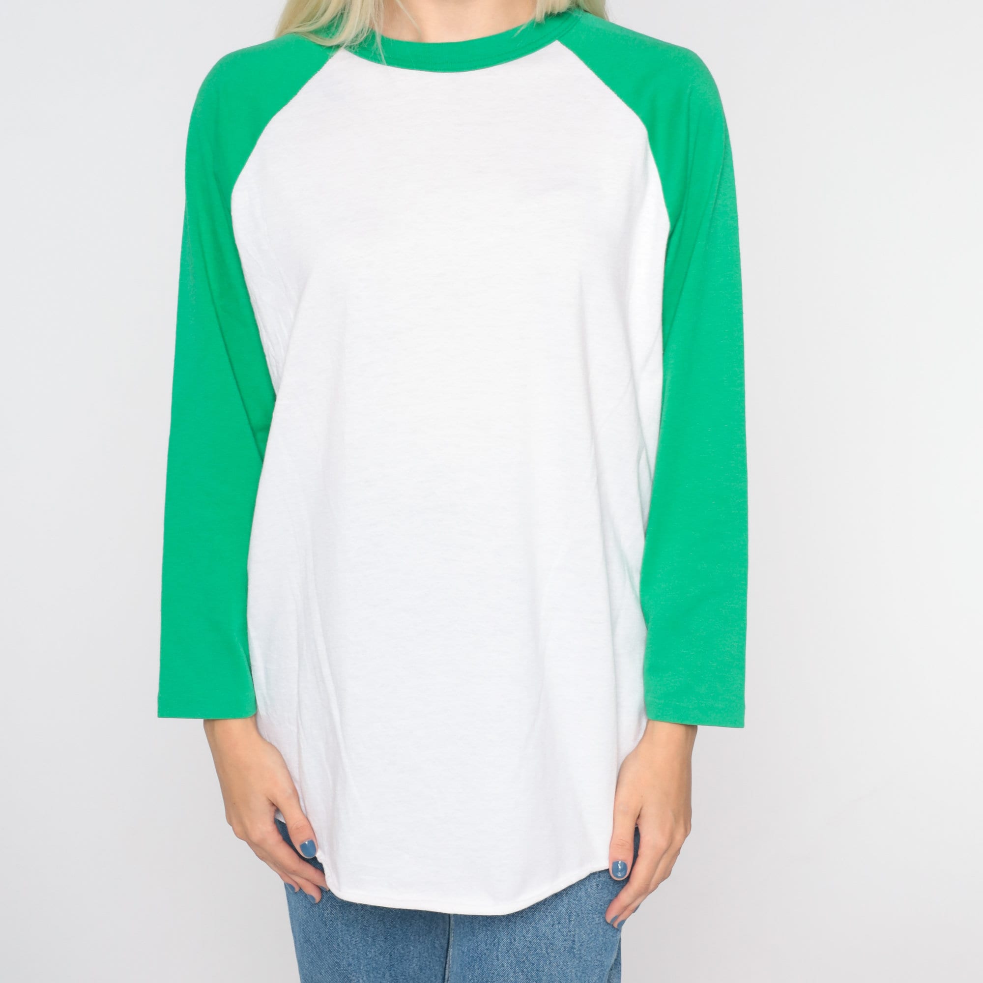 Vintage Baseball Tee 80s White Green Ringer Tshirt Retro Raglan TShirt