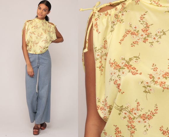 Hippie Blouse Floral Shirt 70s Boho Top COLD SHOULDER Shirt Bohemian Yellow Summer Top Vintage 1970s Cutout Keyhole Top Medium Large