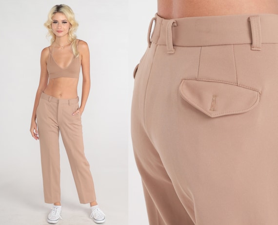 Khaki Pants 70s Tapered Trousers Tan Mid Rise Slacks Skinny Slim Leg Basic Seventies Plain Minimal Professional 1970s Vintage Extra Small xs