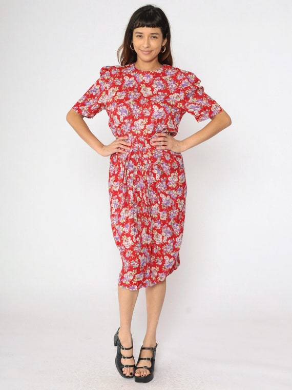 90s Floral Midi Dress Red Puff Sleeve Dress Boho Garden Party Flower Print High Elastic Waist Pleated Sheath Vintage 1990s Medium 8