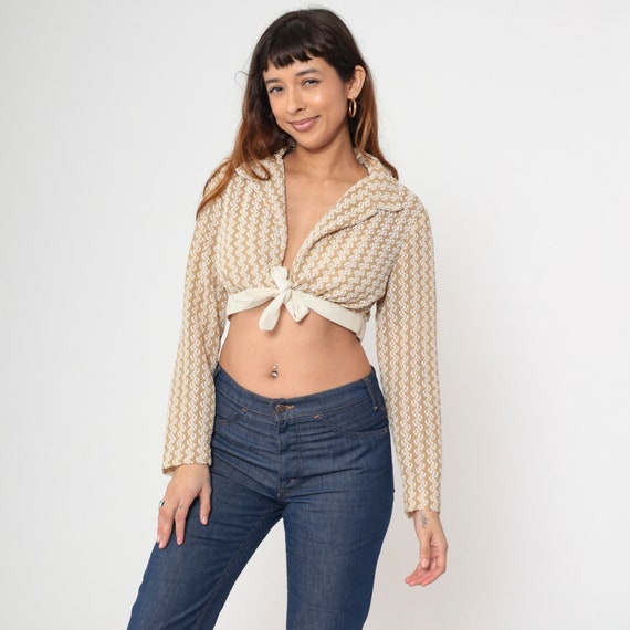 70s Metallic Crop Top Gold Disco Deep V Neck Blouse Long Sleeve Top Sheer Knit Plunging Boho 1970s Bohemian Vintage Tie Up Seventies Medium