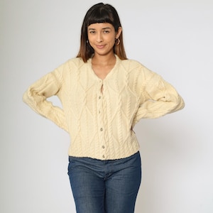 Vintage Wool Cable Knit Cardigan 80s Cream Button Up Fisherman Sweater Retro Basic Chunky Bohemian Cableknit V Neck 1980s Oversized Small S