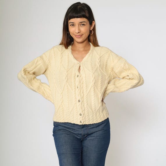 Vintage Wool Cable Knit Cardigan 80s Cream Button Up Fisherman Sweater Retro Basic Chunky Bohemian Cableknit V Neck 1980s Oversized Small S