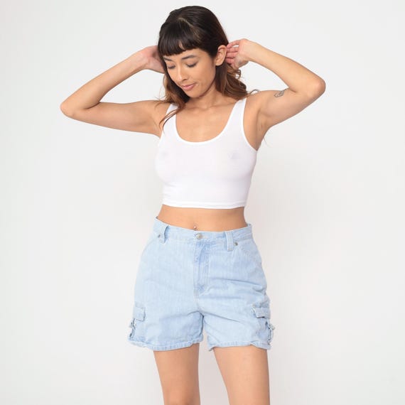 Light Blue Cargo Shorts 90s Denim Shorts High Waisted Utility Shorts Gloria Vanderbilt Baggy Boyfriend Shorts Vintage 1990s Medium M 30