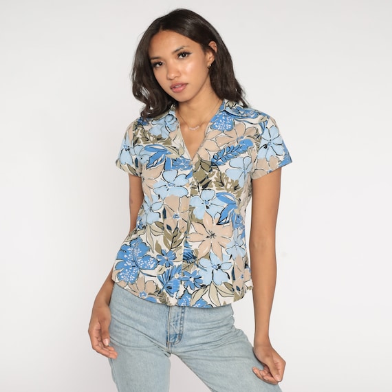 Floral Blouse Y2K Button Up Shirt Flower Print Short Sleeve Top Blue Tan Collared Retro Preppy Summer Bohemian Vintage 00s Petite Small S
