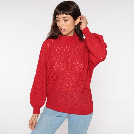 Sheer Red Sweater Dolman Sleeve Crochet 80s Knit Mock Neck Pullover Sweater Top 1980s Cutout Top Bohemian Vintage Open Weave Medium