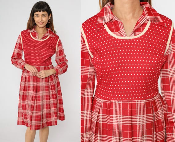 Mod Plaid Dress 60s 70s Red Checkered Print 1970s Polka Dot Dress High Waist Pleated Preppy Mixed Print Attached Vest Vintage Medium