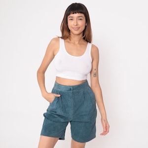 Blaue Wildleder Shorts 80er Jahre Baggy Shorts Ausgehen Shorts Party Plissee Hoch taillierte Retro 1980s Vintage Boho Kleine 28