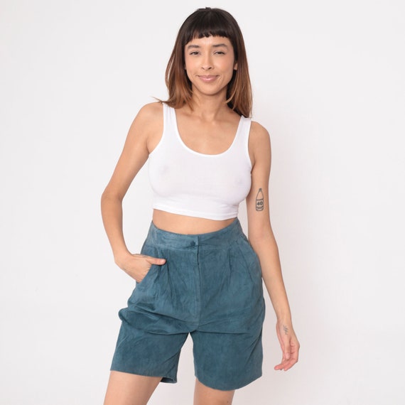 Blue Suede Shorts 80s Baggy Leather Shorts Going Out Shorts Party Pleated High Waisted Retro 1980s Vintage Bohemian Small 28