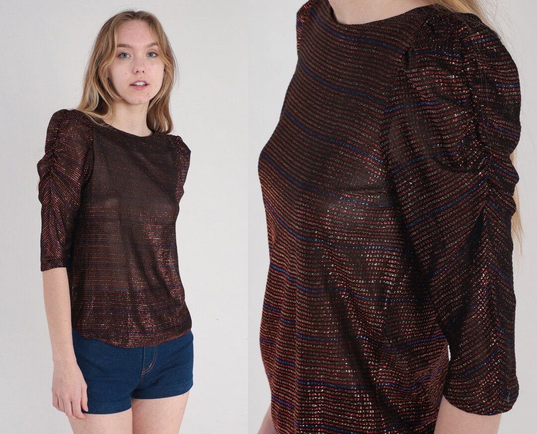 80s Metallic Teal & Black Blouse 10