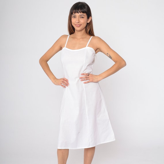 80s Sun Dress White Spaghetti Strap Sundress Midi Boho Vintage Summer Princess Seam 1980s Casual Slip Dress Thin Semi-Sheer Small S