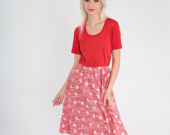 Red Floral Dress 70s 80s Bohemian Midi Vintage Boho High Waisted Scoop Neck Short Sleeve Hippie White Flower Print Small Medium