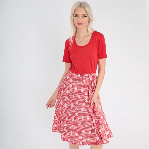 Red Floral Dress 70s 80s Bohemian Midi Vintage Boho High Waisted Scoop Neck Short Sleeve Hippie White Flower Print Small Medium