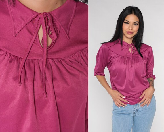 70s Keyhole Blouse Shiny Plum Purple Top Retro Collared 3/4 Sleeve Shirt Tie Neck Secretary Blouse Seventies Vintage 1970s Small Medium