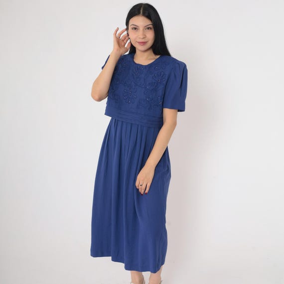 Blue Beaded Dress 90s Pleated Dress Abstract Soutache Midi Dress Puff Sleeve Secretary Indigo High Waist Vintage Short Sleeve Medium 8