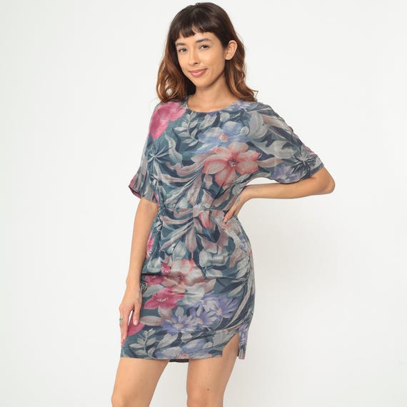90s Watercolor Floral Dress Teal Pink Coral Lavender Botanical Print Rayon Mini Dolman Sleeve Button Back Cottagecore Fairycore Medium M