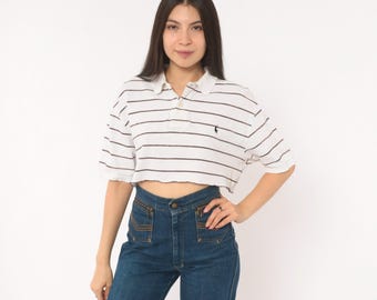 Striped Ralph Lauren Polo Cropped Cotton Shirt White Brown Stripe Collegiate Preppy 90s Top Tee Nerdy Cute Short Sleeve Blouse Medium M