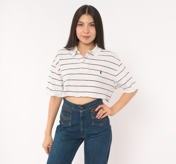 Striped Ralph Lauren Polo Cropped Cotton Shirt White Brown Stripe Collegiate Preppy 90s Top Tee Nerdy Cute Short Sleeve Blouse Medium M