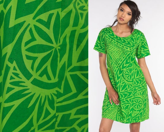 90s Tropical Dress Green Hawaiian Geometric Minii Tiki Summer Dress Boho 1990s Bohemian Vintage Shift Short Sleeve Medium