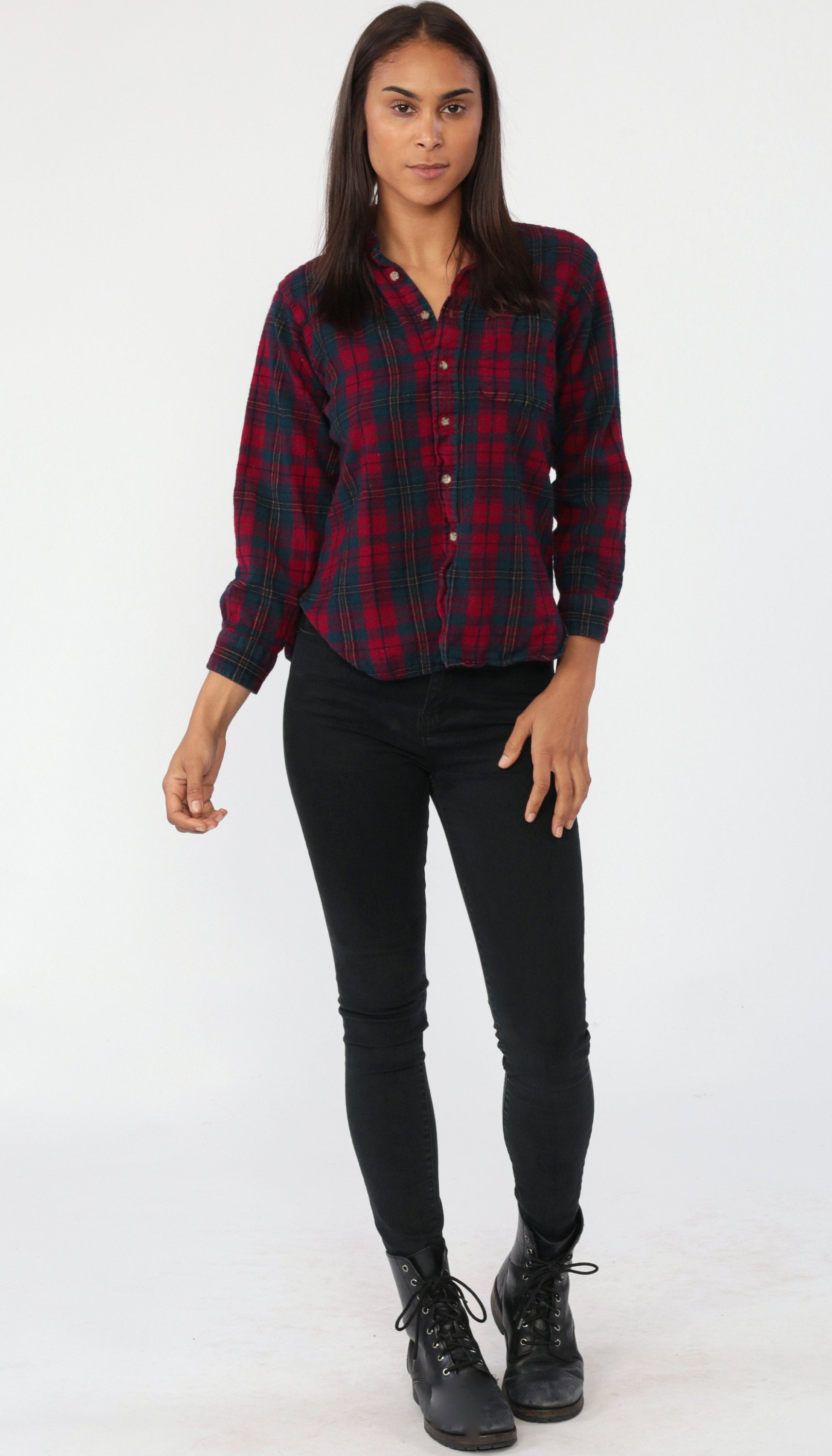 red plaid button down shirt women's