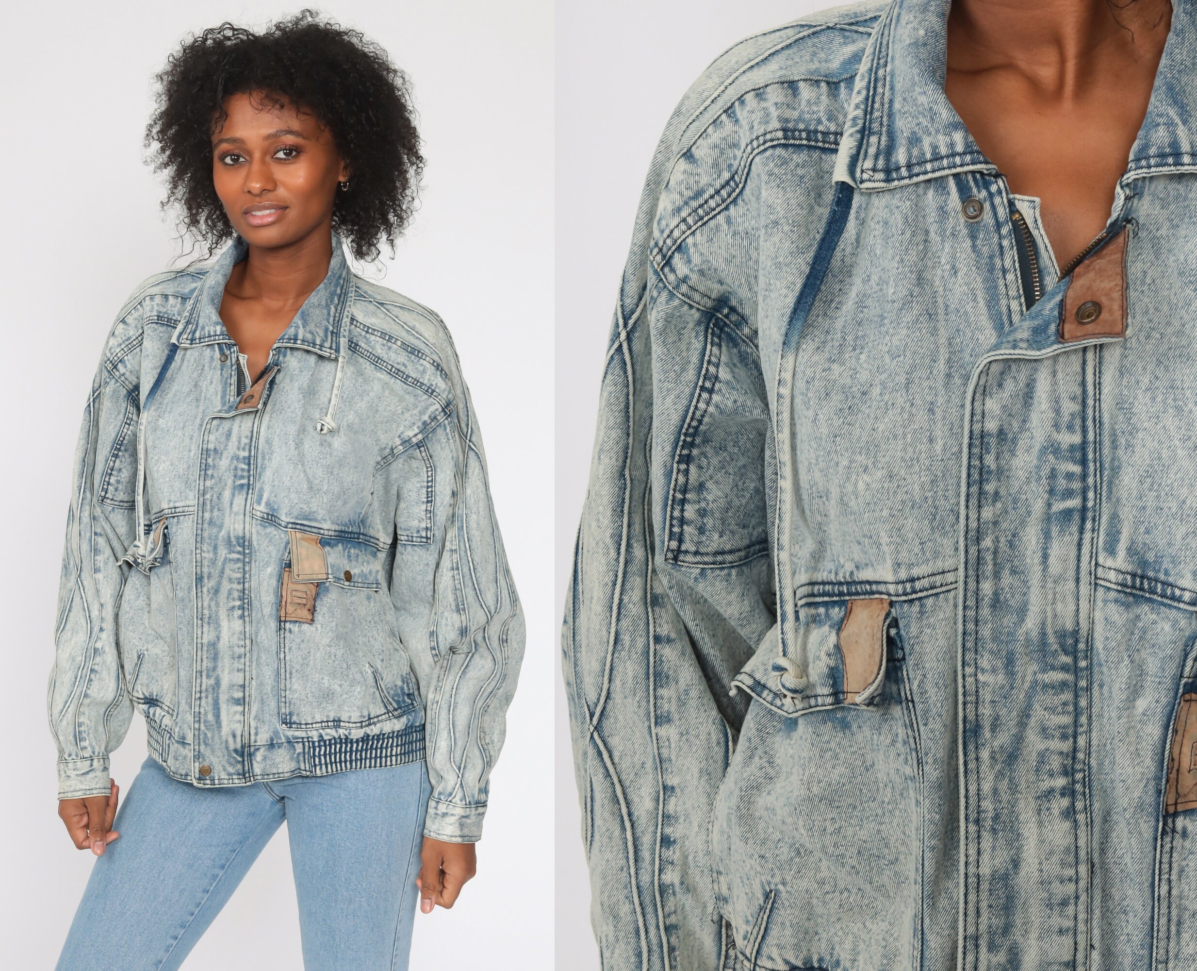 Cargo Jean Jacket Acid Wash Bomber 