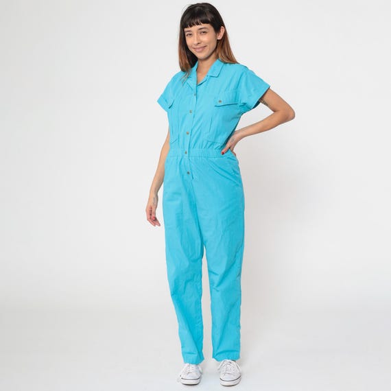 80s Turquoise Jumpsuit Snap Button Up Tapered Leg Pants Safari Pantsuit Vintage Cargo Pocket Short Sleeve Romper 1980s High Waist Small S