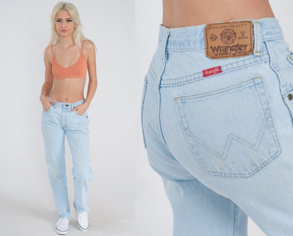 Wrangler Jeans Y2k Tapered Leg Mom Jeans Mid Rise Light Wash Blue Denim Pants Basic Plain Retro Streetwear Vintage 00s Medium 30 x 32