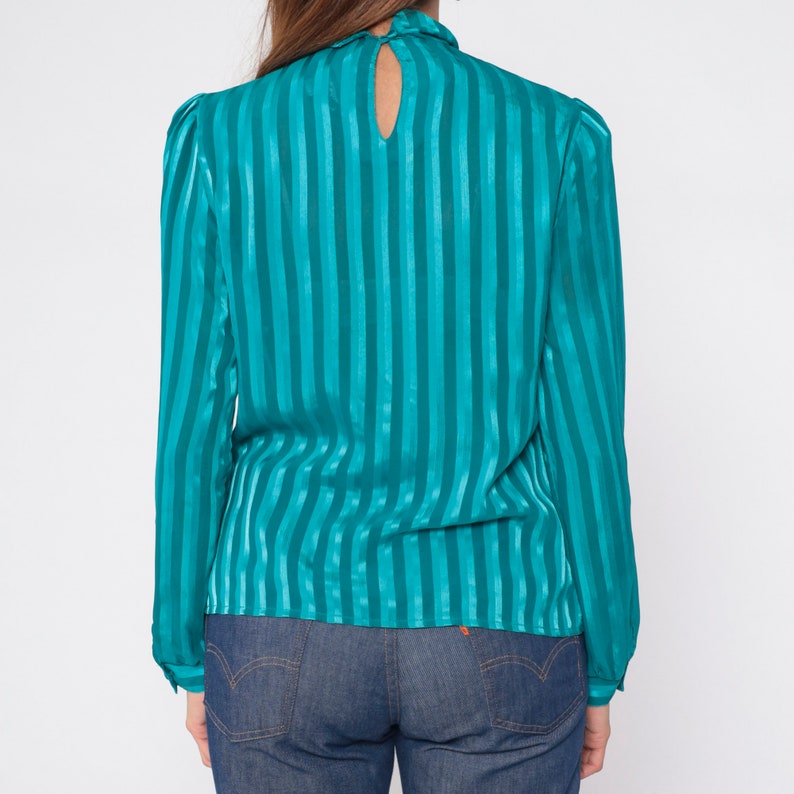 Shiny Striped Blouse 90s Teal Pleated Shirt Long Puff Sleeve Mock Neck Top Retro Secretary Mockneck Modest Chic Boho Vintage 1990s Medium M image 8