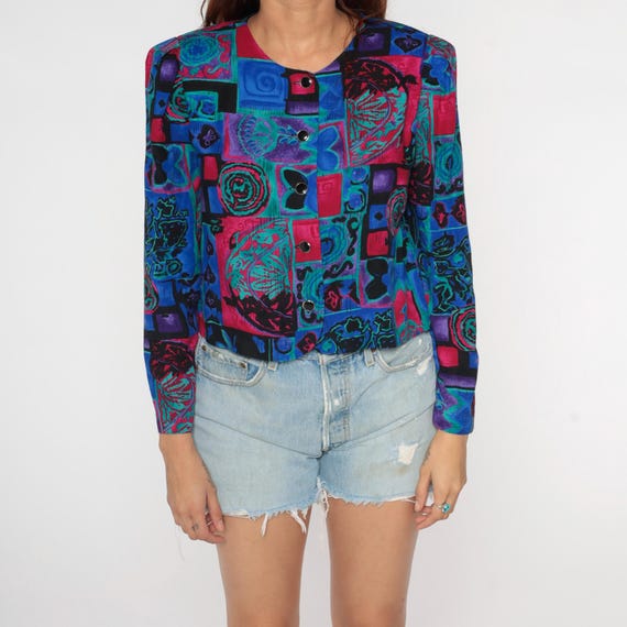 Patchwork Blouse 90s Abstract Print Button Front … - image 7