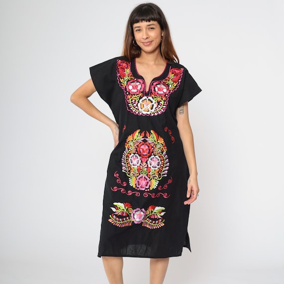 Mexican Embroidered Dress Black Rainbow Midi Boho Tunic Dress Hippie Floral Bohemian Vintage Embroidery Traditional Large L