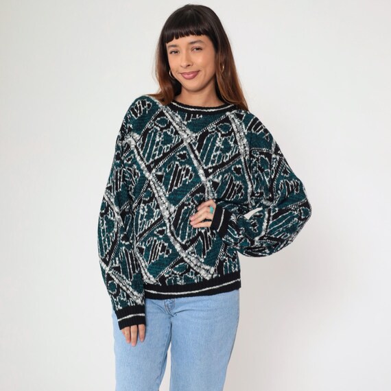 Vintage Geometric Sweater 80s 90s Abstract Sweater Teal Black Marled Acrylic Knit Jumper 1980s Statement Pullover Retro Large