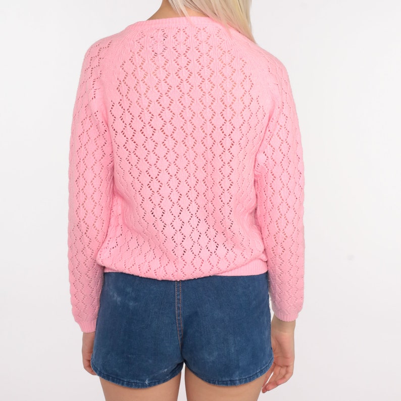 Pink Pointelle Cardigan Sweater 70s Open Weave Sheer Bright Pink Sweater Vintage Acrylic Knit 80s Slouchy Grandma Slouch Small image 6