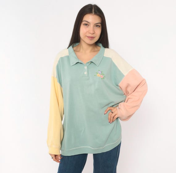 80s Pastel Color Block Polo Sweatshirt Floral Embroidered Blue Pink Yellow Cream Cotton Long Sleeve Preppy Coquette Soft Girl Extra Large XL