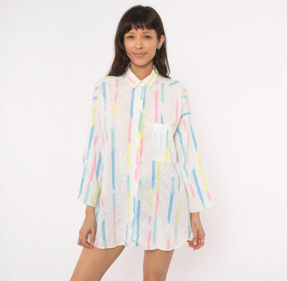 80s Abstract Brushstroke Shirt Pastel Pink Blue Yellow Button Front Cotton Blouse Long Sleeve Collar Pocket Loungwear Vintage Large L