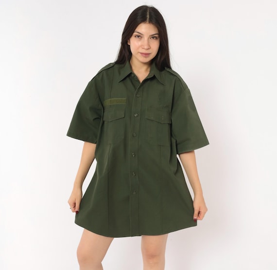 90s Military Shirt Olive Drab Button Front Cotton Army Green Utility Chest Pocket Short Sleeve Camp Uniform Tactical Field Vintage Large L