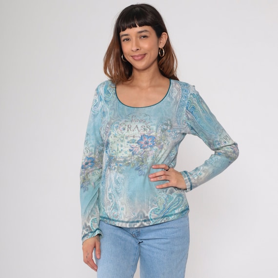 Y2K Leaves of Grass Blouse Blue Floral Abstract Paisley Print Top Walt Whitman Studded Psychedelic Literary Long Sleeve Vintage 00s Medium