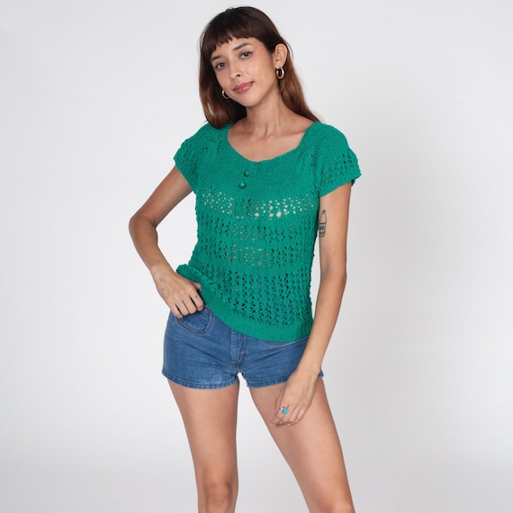 Green Crochet Top 80s Sheer Knit Blouse Open Weave Boho Shirt Bohemian Blouse See Through Retro Vintage Short Raglan Sleeve Small S