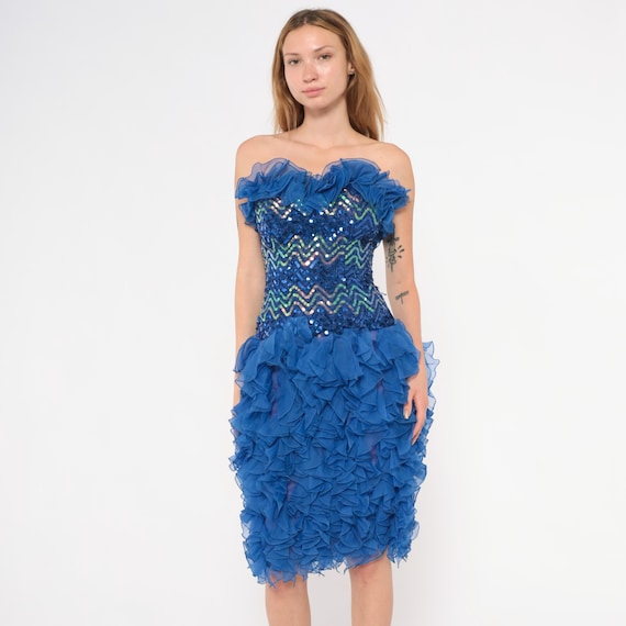 80s Sequin Strapless Dress Blue Ruffled Chevron Sweetheart Neckline Corset Bodice Party Cocktail Tulle Organza Prom Vintage Extra Small XS