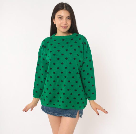 Polka Dot Knit Sweater 90s Green Black Spotted Pullover Relaxed Fit Emerald Preppy Collegiate Jumper Weird Girl Nerdy Vintage Medium M
