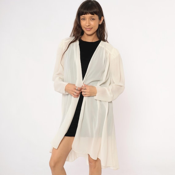 90s Cream Duster Jacket Open Front Sheer Kimono Cardigan Ivory Off White Minimal Vintage Knee Length Cover Up Flowy Robe Loungewear Small S