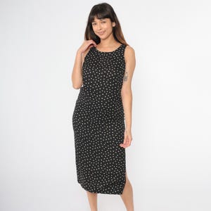 Vestido estampado com confete dos anos 90, midi, preto e branco, bolinhas, vestido grunge, fenda lateral, sem mangas, bainha vintage, anos 90, retrô, rayon, vestido de verão, tamanho pequeno P